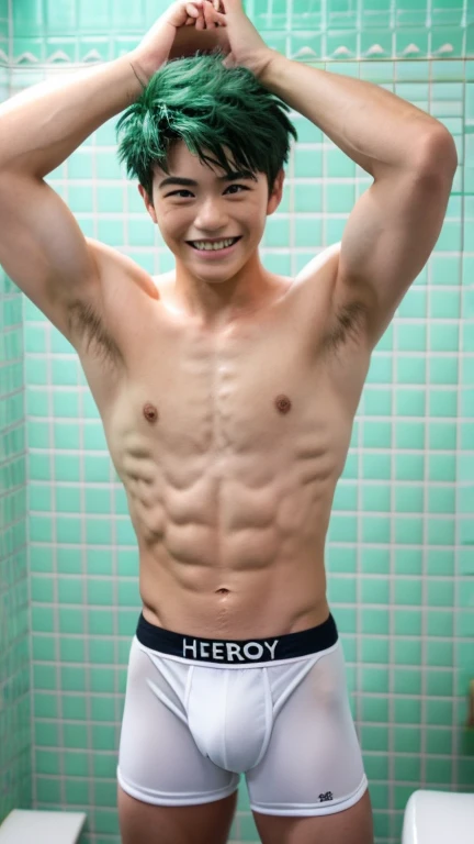 Japanese men、15 years old、Well-developed muscles and smooth skin、Fluffy, voluminous, bright green hair、Thin yellow boxer briefs、You can see the whole body from head to toe.、Smiling softly and friendly、Hero Academy、Manly posing in the bathroom