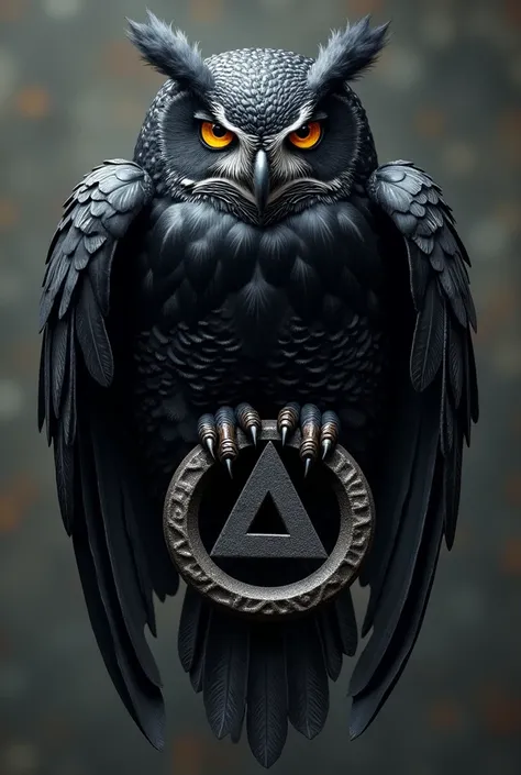 Create a dark owl, with black feathers and piercing eyes, inn above the Greek symbol of philosophy, in a cold, metallic tone. The owl is positioned with its claws firmly attached to the symbol, and its wings are partially open, giving a sense of majesty an...