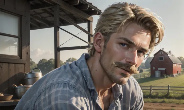 [((highly detailed, detailed eyes, detailed face, clear and realistic facial features, photorealistic, realistic light, cinematic)), ((((1 man)))), Mark is a gorgeous and alluring slender wiry male farmer father aged 45 with short blond hair and a neat mou...