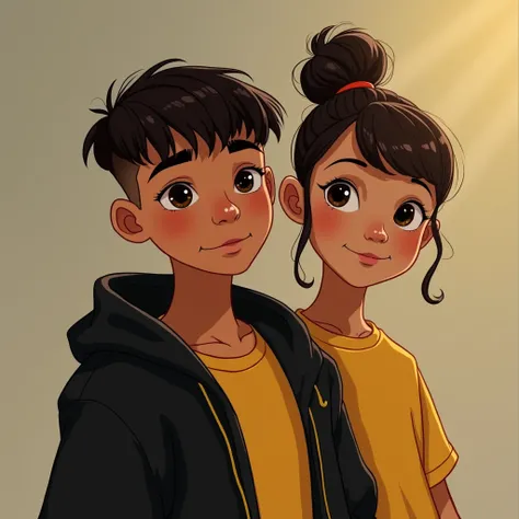 Disney A light-skinned teenage boy, Aquiline nose, with a low taper fade cut, textured fade with a black Nike jacket
A teenage girl with tied up hair and bangs, Mustard yellow shirt, Disney brunette
