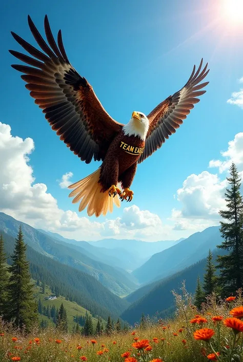 Make an image based on the following information: it must have an eagle and on its chest the word team eagle