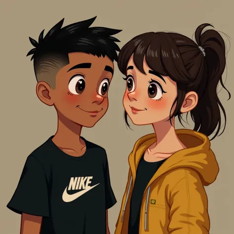 Disney A light-skinned teenage boy, Aquiline nose, with low taper fade cut, textured fade with a black Nike shirt
A teenage girl with tied hair and bangs, mustard yellow jacket, Disney brunette
