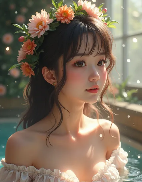 {{{{{3,318 trillion pixels high resolution, nsfw, Realistic scenery and lovely Japanese girl who is moaning madly in a Cylindrical crystal flower herbarium filled with female hormones oil and soaking her, thicken the lips look pretty, Boobs are fluffy and ...