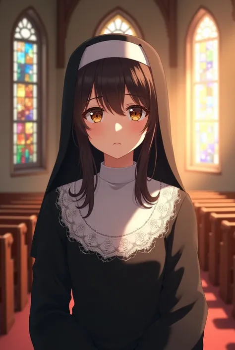 A brunette nun with dark hair and brown eyes in detailed anime style