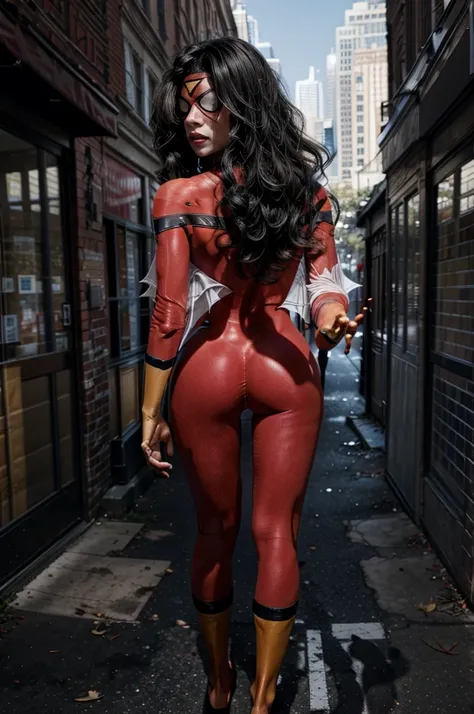 Spider-woman Jessica Drew, (Standing), visible legs, in city, shot from behind. 