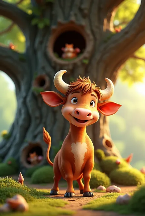 a cartoon bull standing in front of an oak tree with a hollow, intricate details, colorful vibrant colors, highly detailed, 3d render, studio lighting, dynamic composition, fantasy, whimsical, cute, adorable, playful, endearing, soft lighting, warm palette...