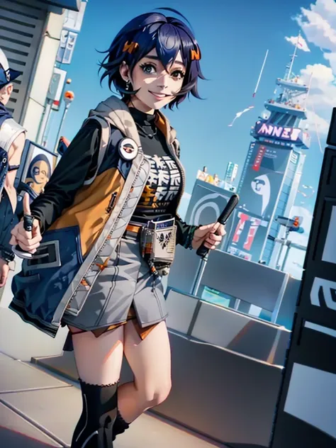 [One cute anime girl with blue hair], [wearing tshirt, jacket, skirt, long socks, tennis shoes], [smiling in city scape, daytime, sunny], [ultra realistic Anime image], [sunny, bright, smiling in downtown]