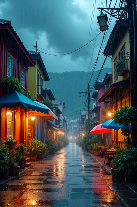 Rainfall on a city road with dark clouds covering the sky , shops and houses beside the roads , a beautiful scenery , animated photo 