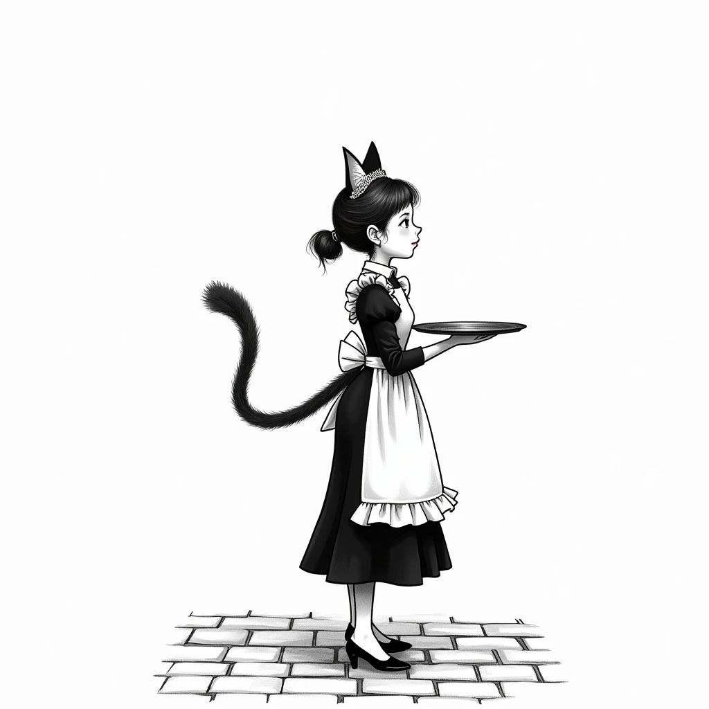 Jacques prevert black and white illustration art, illustration of a beautiful girl, an adult body, detail face, cat ears, cat fluffy tail, tray in hand, maid suit, line draw, brick floor, white simple background, --ar 2:3 --stylize 50