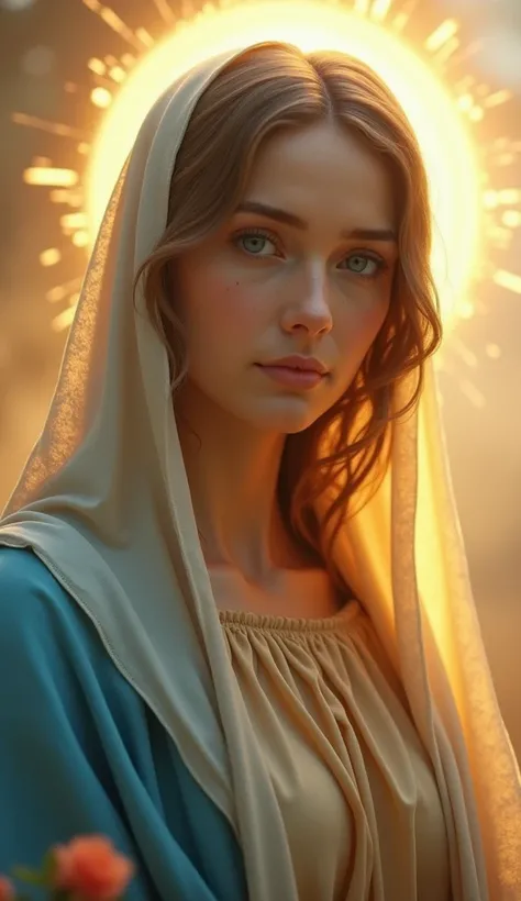 Staring at the camera with moist eyes、A beautiful Virgin Mary with a loving expression, , Halo, Reddish beige tunic, Blue cloak and veil