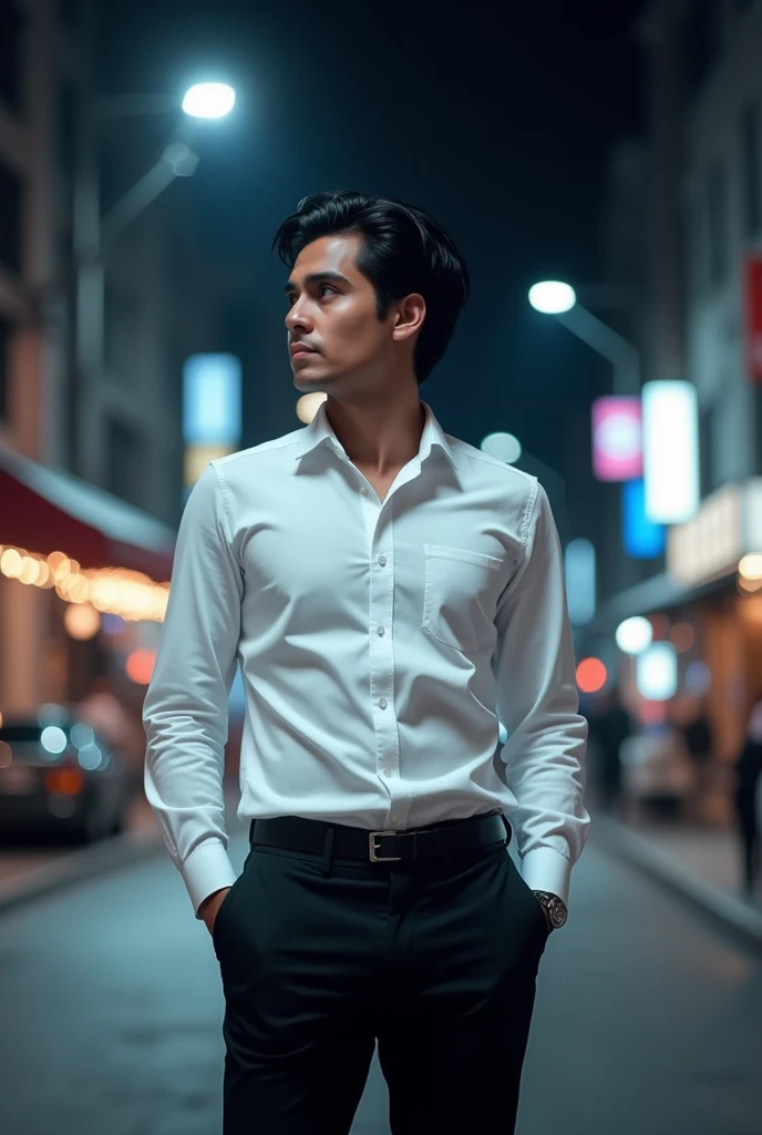 Handsome young adult with wavy black hair styled back, clean-shaven wearing a white button-down shirt and black pants in a dark city at night 