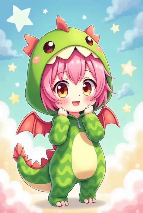 Draw a chibi anime girl wearing a dragon hoodie