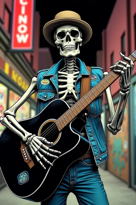 Create a drawing of a cholo skeleton wearing a denim vest and holding a black acoustic guitar, making the drawing look like a comic book cover.