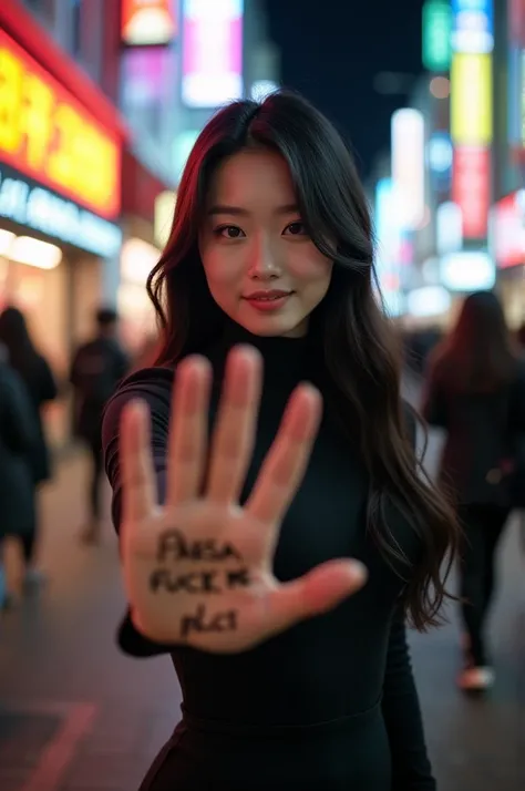 A sexy Korean girl has a sign on her hand that says "Parsa fuck me plc🥺