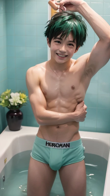 Japanese men、15 years old、Well-developed muscles and smooth skin、Fluffy, voluminous, bright green hair、Thin yellow boxer briefs、You can see the whole body from head to toe.、Smiling softly and friendly、Hero Academy、Manly posing in the bathtub