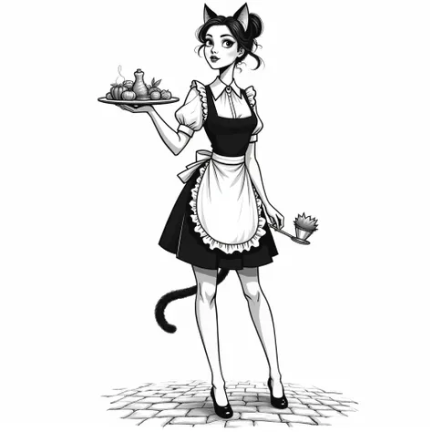 Jacques prevert black and white illustration art, illustration of a beautiful girl, an adult body, detail face, cat ears, cat fluffy tail, tray in hand, maid suit, line draw, brick floor, white simple background, masterpiece --ar 2:3 --stylize 50