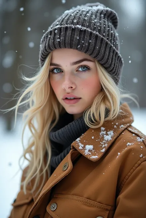 a photo of an Exquisitely beautiful white skin woman with messy blonde hair, 20 yo, (tomboy), (wearing Carhartt work coat, and beanie), eye focus, (highly detailed skin), clothed, standing outside on cold winter day, Athletic physique, voluptuous breasts, ...