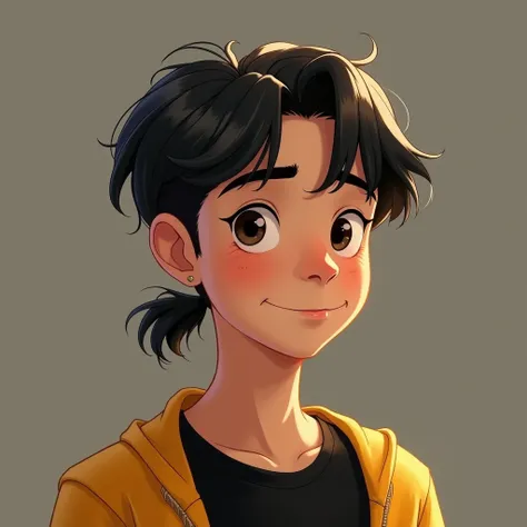 Disney A teenage boy with white skin color, Aquiline nose, thick lips, with a low taper fade cut, a textured fade with a black Nike t-shirt A teenager with ponytail and bangs, Disney mustard yellow shirt
