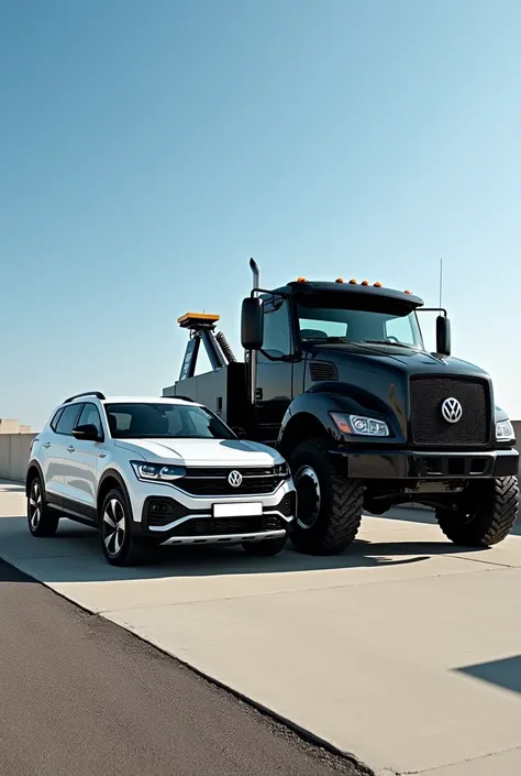 White VW Saveiro Cross next to a black Ford 350 tow truck, compare height