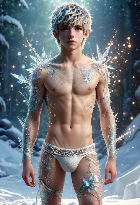 A detailed realistic (Award-winning Hyperdetailed full-body movie still of a shirtless 18yo Frost ninja). (((full-body shot:1.3))), (frosty grey eyes:1.5))), realistic adorable 18 years old twink max thieriot, silver emo hair, (only wearing a white loinclo...