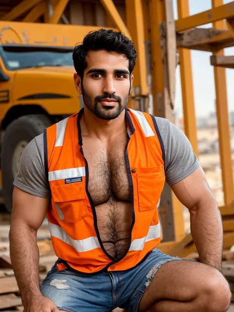 Arabian man, masterpiece, best quality, high resolution, closeup portrait, male focus, solo focus, 30 years old, with construction worker uniform, unbuttoned work clothes, construction worker, black hair, messy hairstyle, cute and seductive face, bare ches...