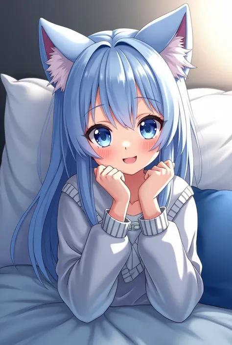 Anime girl pillow, with grey and blue tones, smiling and with blue eyes 