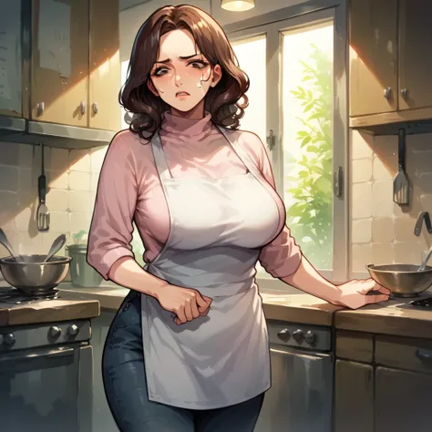 milf tsundere, wearing a pink turtleneck sweater, black denim pants and an apron, she's at a door