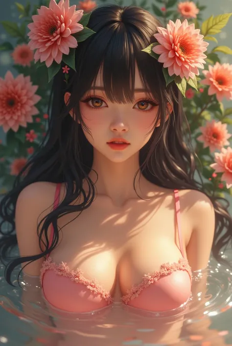 {{{{{3,318 trillion pixels high resolution, nsfw, Realistic scenery and lovely Japanese girl who is moaning madly in a Cylindrical crystal flower herbarium filled with female hormones oil and soaking her, thicken the lips look pretty, Boobs are fluffy and ...