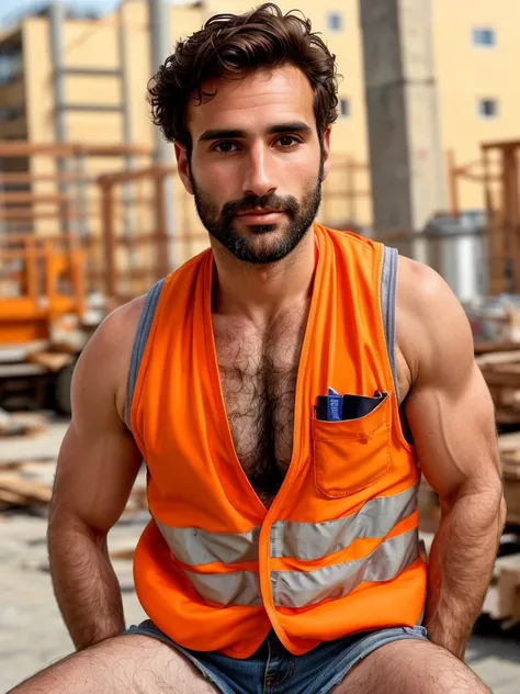 Italian man, masterpiece, best quality, high resolution, closeup portrait, male focus, solo focus, 30 years old, with construction worker uniform, unbuttoned work clothes, construction worker, black hair, messy hairstyle, cute and seductive face, bare ches...