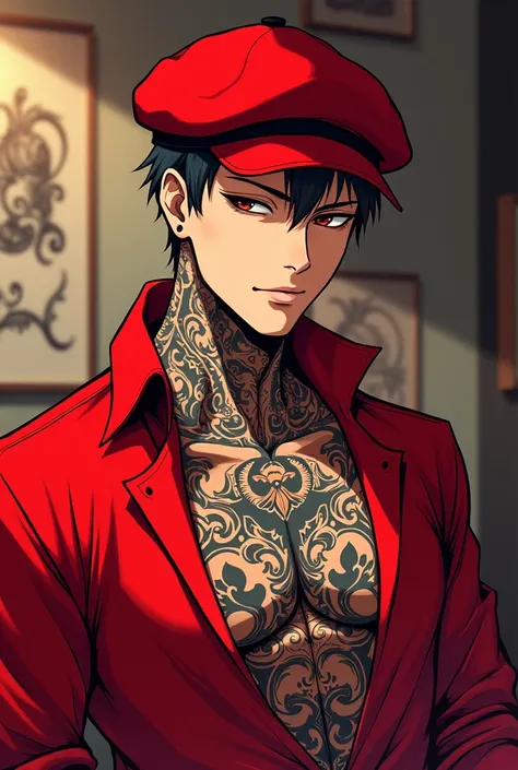 Create an anime male character for a tattoo studio. His name is Bruxo, he wears red clothing and has tattoos. The image should only be from the chest up. , he has a red hat
