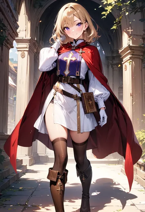 (masterpiece),(best quality),(ultra-detailed),(best illustration),(best shadow),(absurdres),(detailed background),(very aesthetic), 1girl, solo, smile, boots, blonde-hair, purple-eyes, gloves, looking-at-viewer, thighhighs, full-body, cape, white-gloves, d...