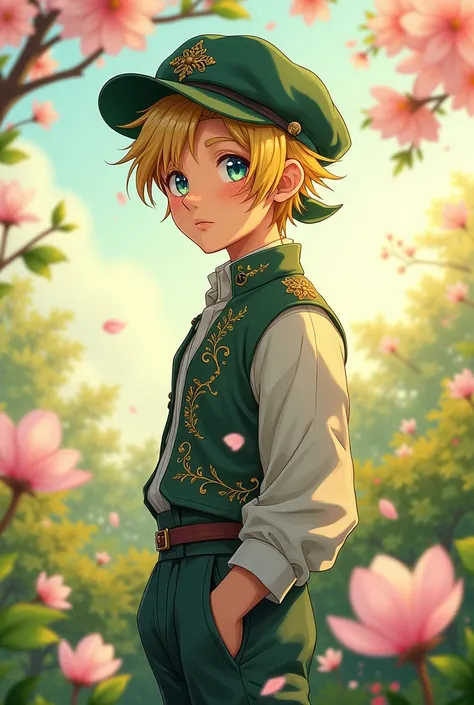 Chico, of average height but he is handsome,    His hair is blonde, he wears a dark green cap, his eyes are a blue-green, and wears romantic style clothes. anime style.