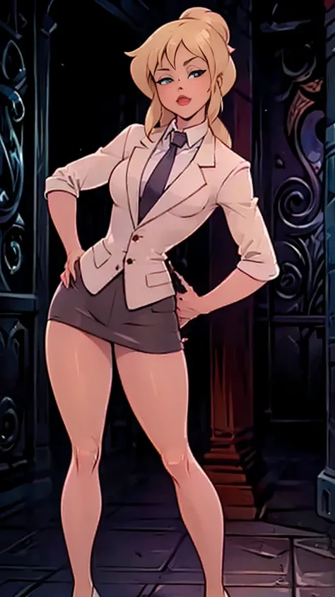 ((masterpiece, white background)) full body of a woman, skirt suit, (((three-piece suit))), (((dress shirt))), (((necktie))), ((...