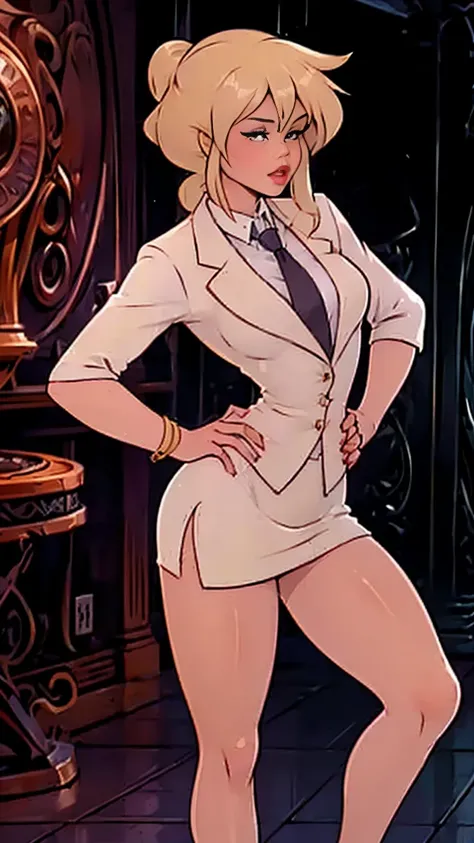 ((masterpiece, white background)) full body of a woman, skirt suit, (((three-piece suit))), (((dress shirt))), (((necktie))), ((...