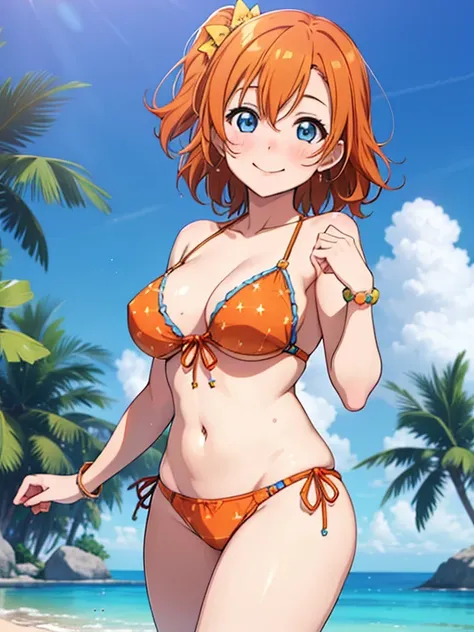 Kousaka honoka, cowboy shot, blue eyes, orange hair, sexy micro bikini, star-paint bikini, bracelet, sexy,curvy body, looking down at viewer, Blush, energetic smile, crouching,in air, falling down, flying water drops,hair ornament, detailed hair strands