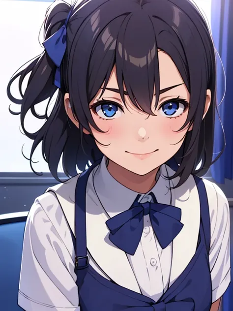 1girl, solo,(best quality),(masterpiece:1.1),blue (school uniform:1.4),dress, looking_at_viewer, neck_ribbon, smile, black eyes , studio background, cute, clear facial skin