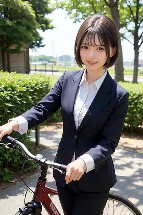 (masterpiece、Ultra-detailed、8k、Highest quality:1.5)、((wonderful))、smile、high school idol girl、Short hair with bangs、uniform、((blazer))、White shirt、((Bicycle race))、garden