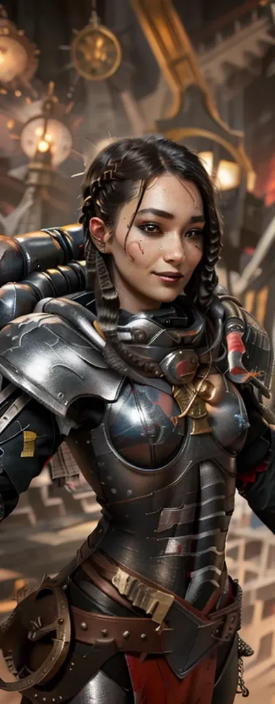 photo of adepta sororitas, argent shroud, full armor, full metal armor, christina chong beautiful face, narrowed eyes. smirk. bl...