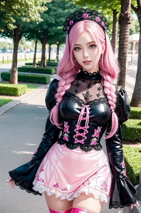 sexy stylish Swedish model, only 1 female, ((doll-like appearance)), long neon pink stylish hair, ((shiny Victorian-Style boots)), (big smile), ultra detailed eyes, vivid eye makeup, lipgloss, long lashes, defined eyebrows, ((sexy Paradise Kiss cosplay)), ...