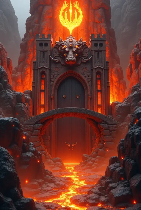 a tall tower made of magma-like rocks, reflecting shades of orange and red. a bridge passes the entrance, which passes over a rock formation with gaps that shine, there is a stone head of a dragon above the door, with glowing eyes, above the door the symbo...