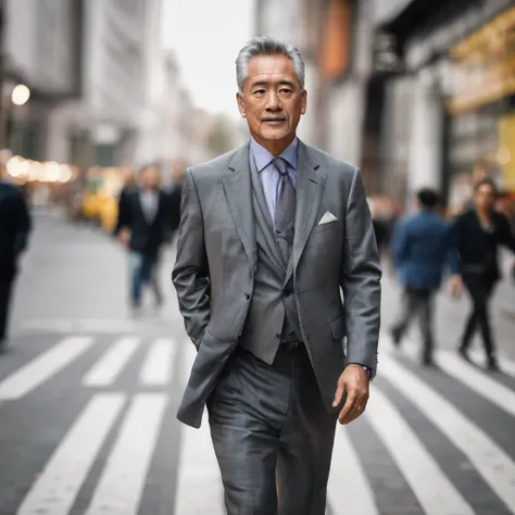 A mature man wear a suit walking in the city blur in background 