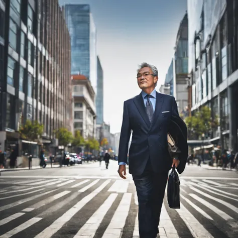 A mature man wear a suit walking in the city blur in background 