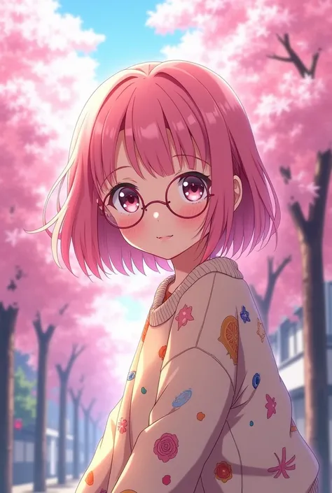 13 year old anime girl with short pink hair, round glasses, and hugging the camera 