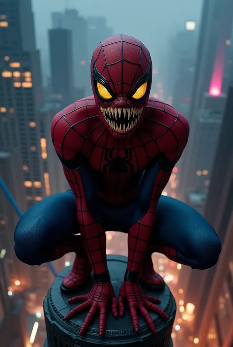 Spider-Man with venom eyes venom teeth and a sick looking bad eyes

