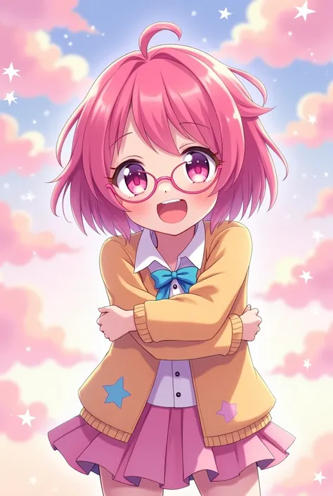 Chica de 13 años anime que tenga cabello corto y color rosa con lentes redondos y dando abrazos a la camara  de cuerpo completo 