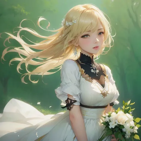 anime - style image of a woman in a white dress holding a bouquet,  in dress, cushart krenz key art feminine, guweiz on pixiv artstation, violet evergarden, cute anime waifu in a nice dress, blonde - haired princess, guweiz on artstation pixiv, made with a...