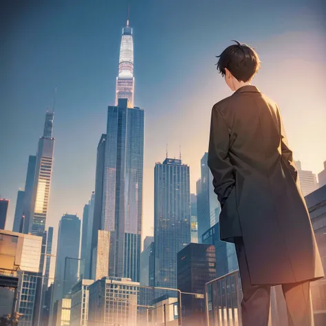 A boy standing in front of a Tokyo cityscape in a beautiful 2d anime style landscape