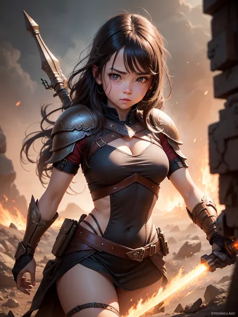 A girl with a giant weapon, Cute expression, , , Her face turns red,, Very wide shot, Realistic, 8k, Very detailed, Dramatic lighting, Warm color palette, Fantasy art style