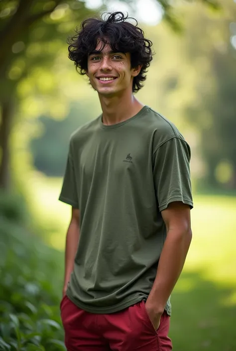 (Photorealism:1.2), A young man with black curly hair, he has dark green eyes like moss, one with freckles on his nose and a smile on his face.  Simple clothes, thrown together in a haphazard way. He doesnt have a lot of muscle, but he has a well-defined b...