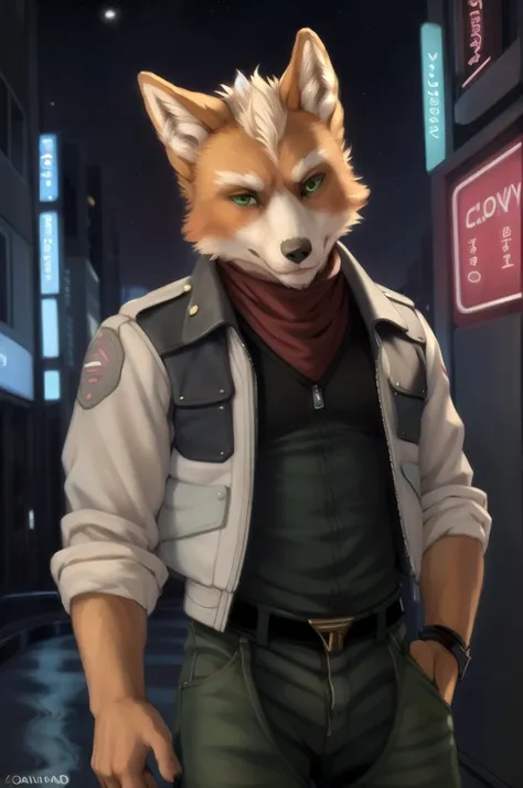 (by oouna, by honovy, by personalami, by clockhands) male, fox, solo, wearing jacket, green eyes, fox mccloud, wearing jacket, p...